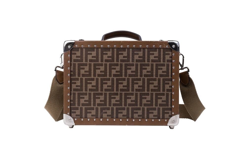 Fendi Brown Zucca Coated Canvas Studded Trunk Crossbody Silver Hardware